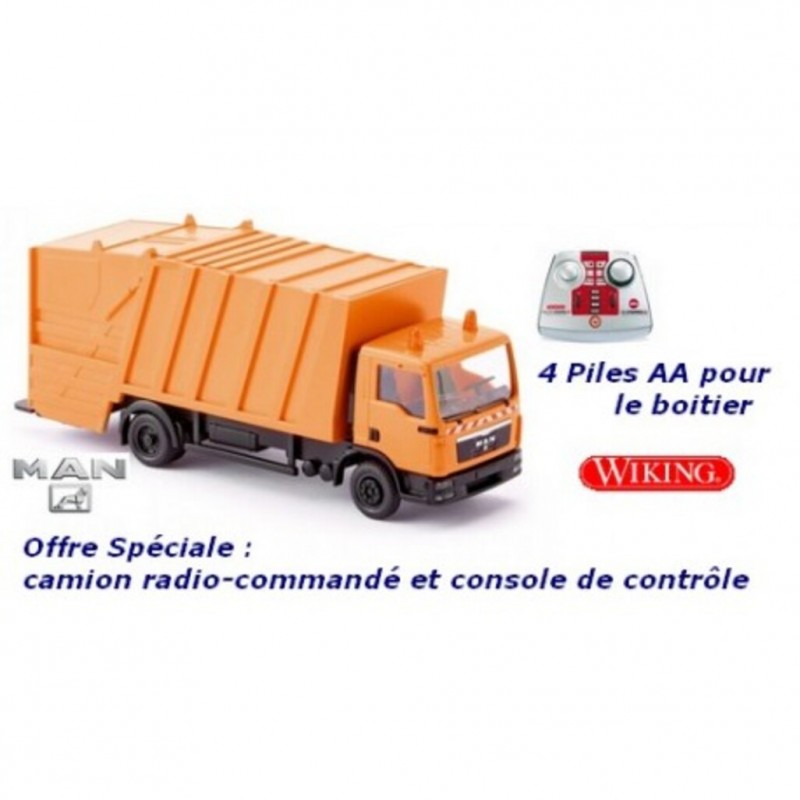 WIKING  Control87 : Man camion poubelle orange (camion radio-commandé avec console)